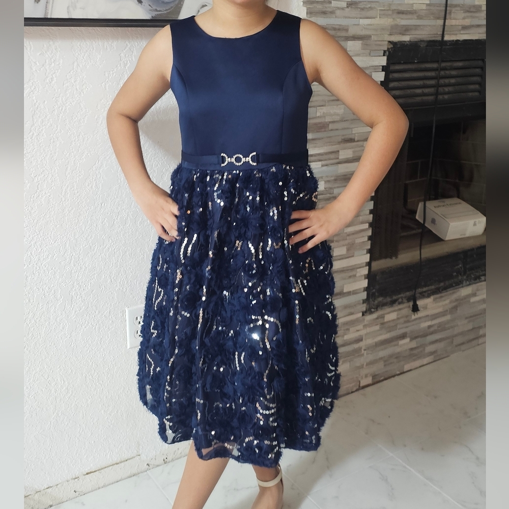American Princess Dress Girl Sz 12 Navy Blue Satin Silver Sequins Elegant Roses